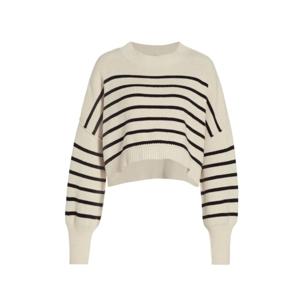 COMMENSE Crew Neck Striped Sweater Off White Black - M